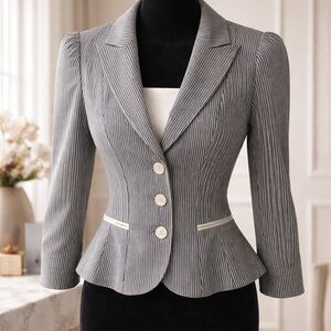 Etcetera Navy Blue and White Pinstripe Blazer